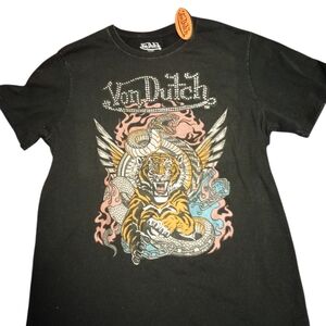 Von Dutch Black Tee with Rhinestones, Tiger and Snake Graphic, Size L,NWT